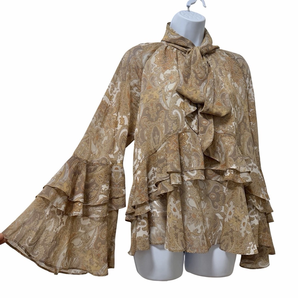 Lauren Ralph Lauren Womens Paisley Ruffle Trim Tie Neck Blouse Top Size M Brown